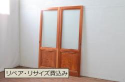 和製アンティーク　ヒノキ材　リメイク　色ガラスレトロモダンな印象の蔵戸(きつね格子、狐格子、建具、引き戸、格子戸、マス目、升目)