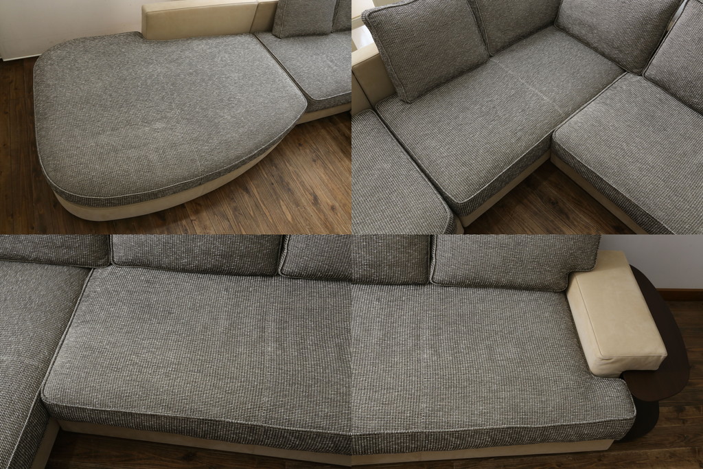中古　美品　arflex(アルフレックス)　GRAN(グラン)　サイドテーブル付き　レーザーとファブリックの組み合わせがお洒落なクッション付きシステムソファ(本革、カウチソファ、コーナーソファ、ラウンドソファ、アームソファ)(R-068386)