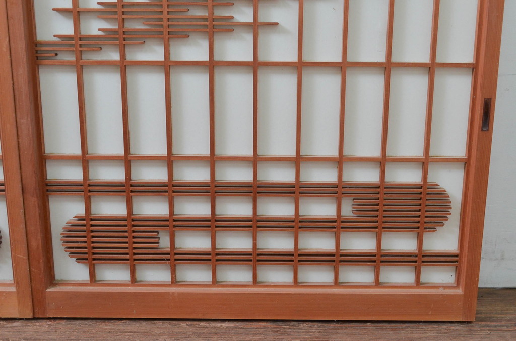 ビンテージ建具　和の空間を高める凝った作りの障子戸窓2枚セット(引き戸、ヴィンテージ)(R-080877)