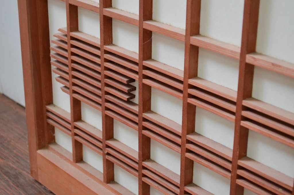 ビンテージ建具　和の空間を高める凝った作りの障子戸窓2枚セット(引き戸、ヴィンテージ)(R-080877)