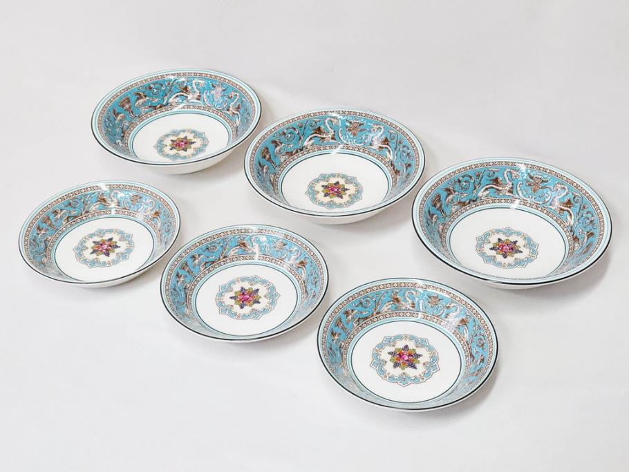イギリス　WEDGWOOD(ウェッジウッド)　FLORENTINE TURQUOISE(フロレンティーン ターコイズ)　クラシックなデザインの気品あふれるボウル大小6枚セット(グロテスク文様、深皿、サラダボウル、サラダソーサー、洋食器、英国)(R-081227)