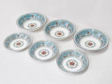 イギリス　WEDGWOOD(ウェッジウッド)　FLORENTINE TURQUOISE(フロレンティーン ターコイズ)　クラシックなデザインの気品あふれるボウル大小6枚セット(グロテスク文様、深皿、サラダボウル、サラダソーサー、洋食器、英国)(R-081227)