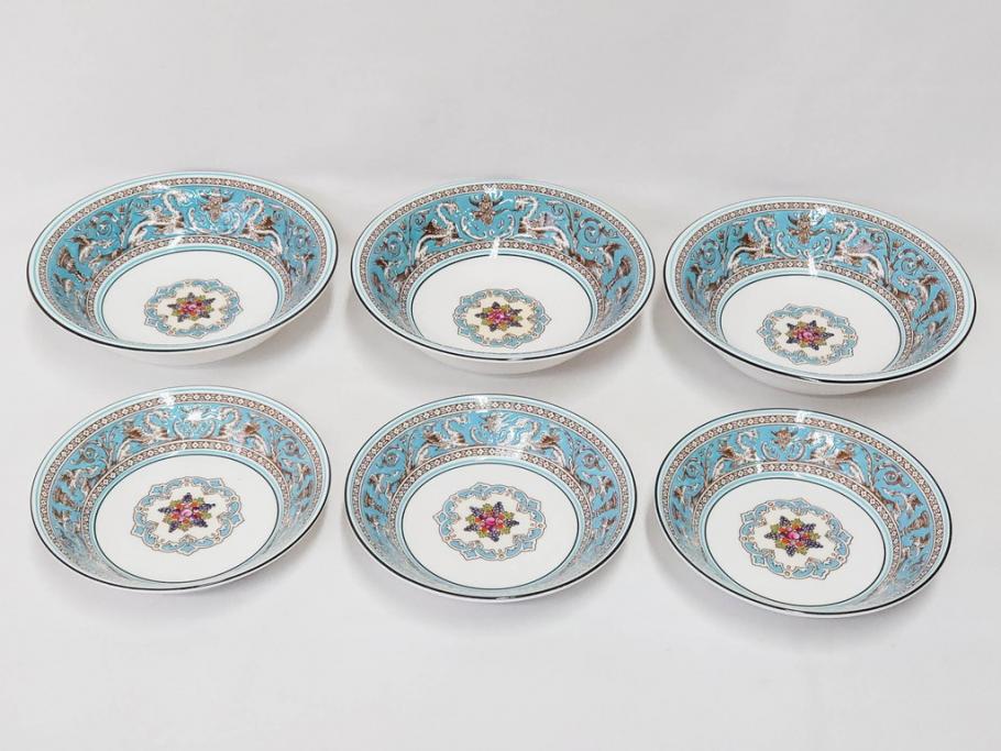 イギリス　WEDGWOOD(ウェッジウッド)　FLORENTINE TURQUOISE(フロレンティーン ターコイズ)　クラシックなデザインの気品あふれるボウル大小6枚セット(グロテスク文様、深皿、サラダボウル、サラダソーサー、洋食器、英国)(R-081227)
