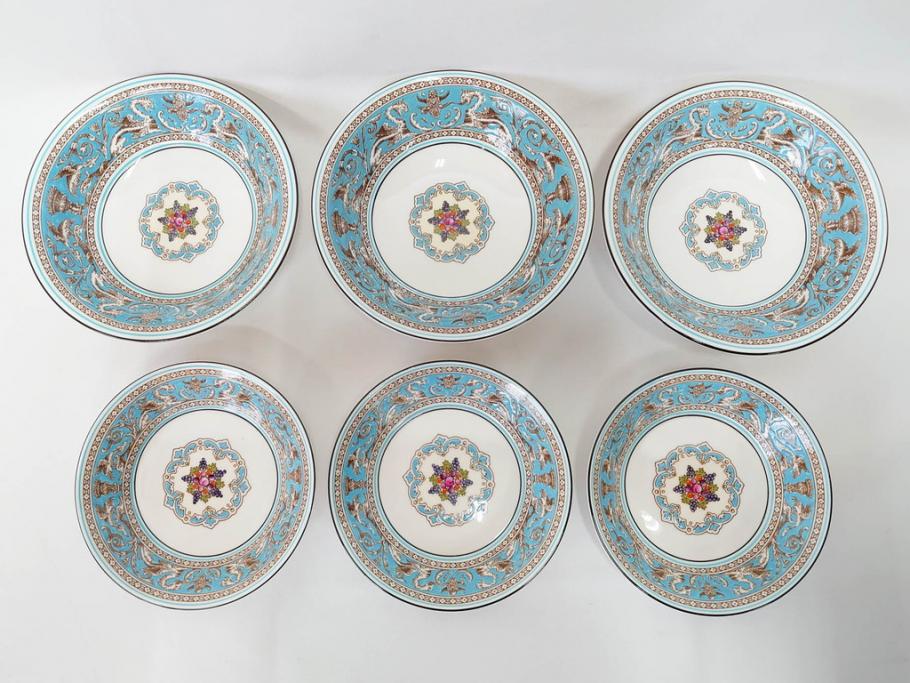 イギリス　WEDGWOOD(ウェッジウッド)　FLORENTINE TURQUOISE(フロレンティーン ターコイズ)　クラシックなデザインの気品あふれるボウル大小6枚セット(グロテスク文様、深皿、サラダボウル、サラダソーサー、洋食器、英国)(R-081227)