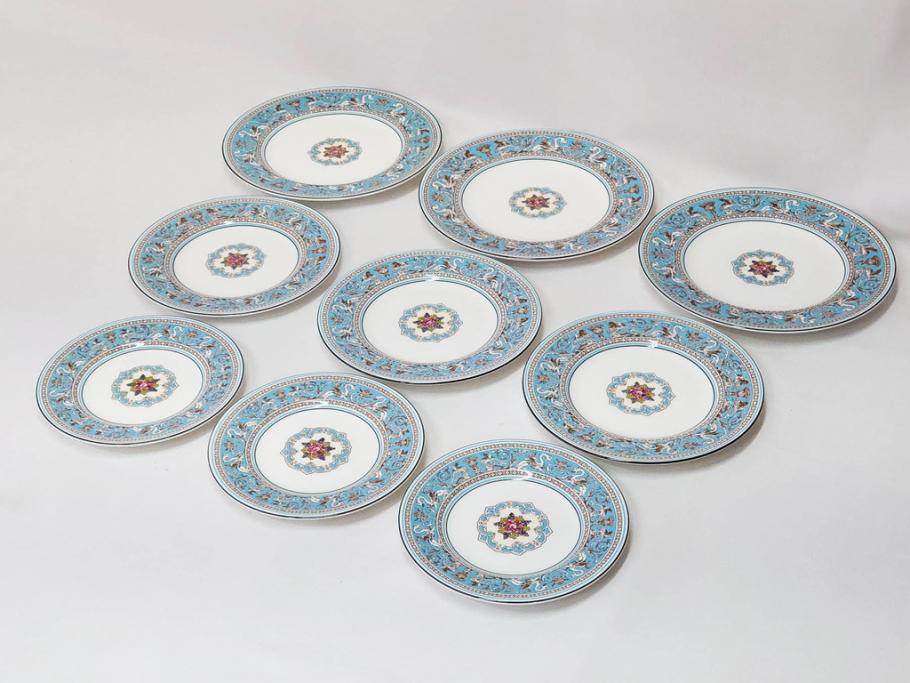 イギリス　WEDGWOOD(ウェッジウッド)　FLORENTINE TURQUOISE(フロレンティーン ターコイズ)　フォーマルな雰囲気漂うプレート9枚セット(グロテスク文様、フルーツ、果物、中皿、洋食器、英国)(R-081221)