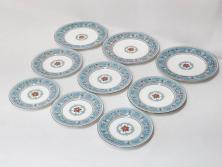 イギリス　WEDGWOOD(ウェッジウッド)　FLORENTINE TURQUOISE(フロレンティーン ターコイズ)　フォーマルな雰囲気漂うプレート9枚セット(グロテスク文様、フルーツ、果物、中皿、洋食器、英国)(R-081221)