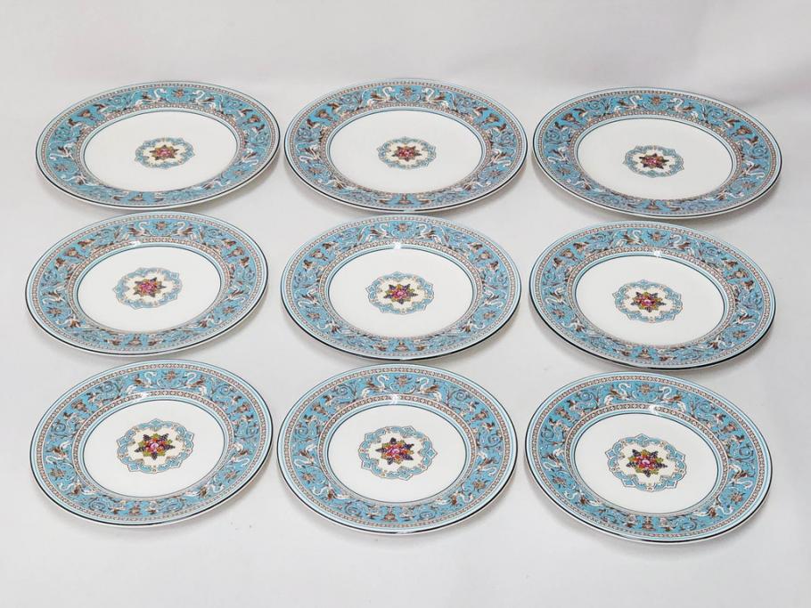 イギリス　WEDGWOOD(ウェッジウッド)　FLORENTINE TURQUOISE(フロレンティーン ターコイズ)　フォーマルな雰囲気漂うプレート9枚セット(グロテスク文様、フルーツ、果物、中皿、洋食器、英国)(R-081221)