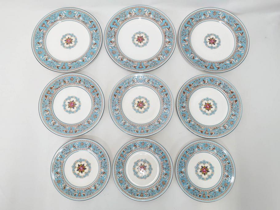 イギリス　WEDGWOOD(ウェッジウッド)　FLORENTINE TURQUOISE(フロレンティーン ターコイズ)　フォーマルな雰囲気漂うプレート9枚セット(グロテスク文様、フルーツ、果物、中皿、洋食器、英国)(R-081221)