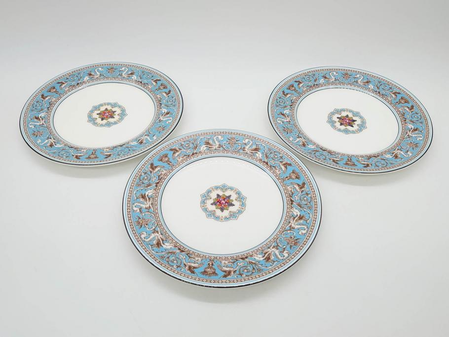 イギリス　WEDGWOOD(ウェッジウッド)　FLORENTINE TURQUOISE(フロレンティーン ターコイズ)　フォーマルな雰囲気漂うプレート9枚セット(グロテスク文様、フルーツ、果物、中皿、洋食器、英国)(R-081221)