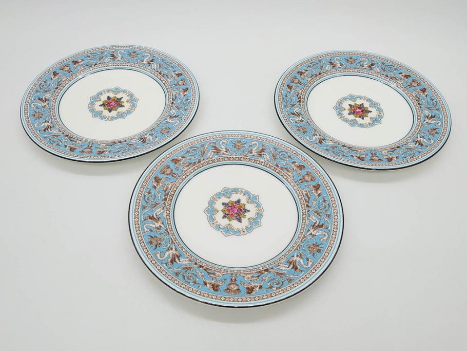 イギリス　WEDGWOOD(ウェッジウッド)　FLORENTINE TURQUOISE(フロレンティーン ターコイズ)　フォーマルな雰囲気漂うプレート9枚セット(グロテスク文様、フルーツ、果物、中皿、洋食器、英国)(R-081221)