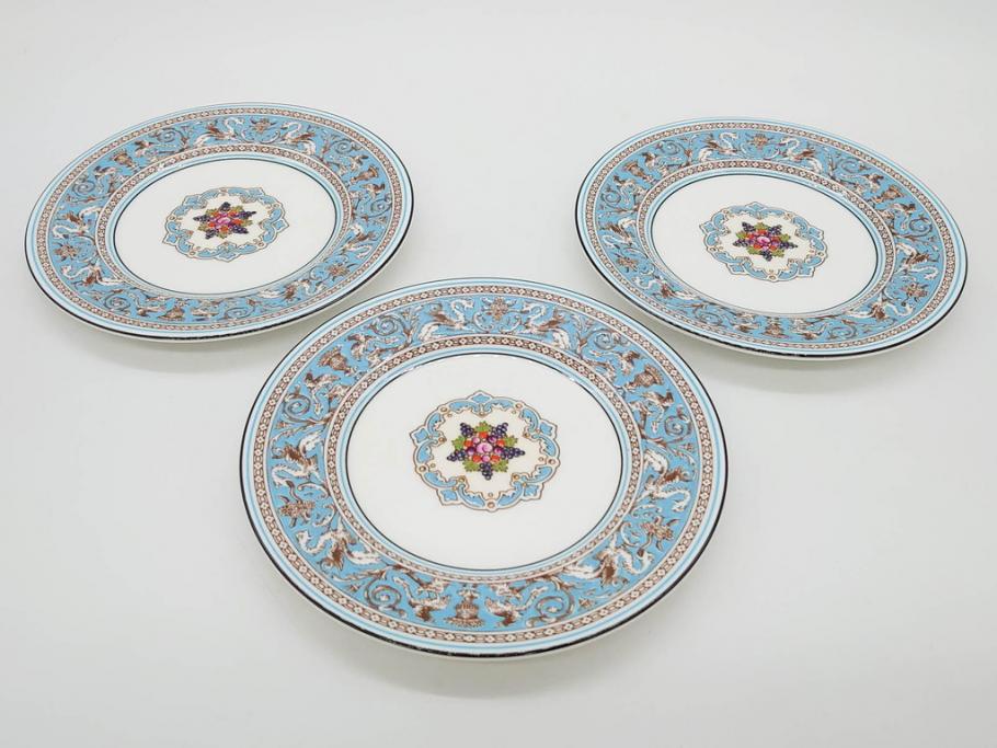 イギリス　WEDGWOOD(ウェッジウッド)　FLORENTINE TURQUOISE(フロレンティーン ターコイズ)　フォーマルな雰囲気漂うプレート9枚セット(グロテスク文様、フルーツ、果物、中皿、洋食器、英国)(R-081221)