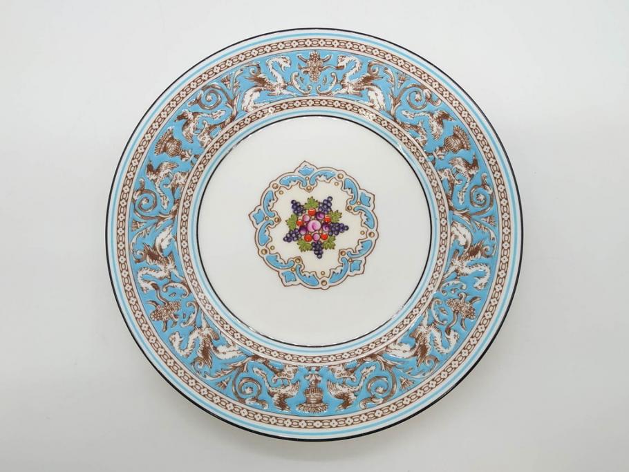 イギリス　WEDGWOOD(ウェッジウッド)　FLORENTINE TURQUOISE(フロレンティーン ターコイズ)　フォーマルな雰囲気漂うプレート9枚セット(グロテスク文様、フルーツ、果物、中皿、洋食器、英国)(R-081221)