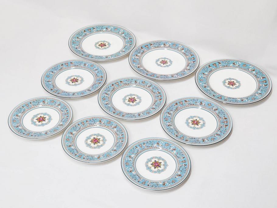 イギリス　WEDGWOOD(ウェッジウッド)　FLORENTINE TURQUOISE(フロレンティーン ターコイズ)　エキゾチックなデザインが目を引くプレート9枚セット(グロテスク文様、フルーツ、果物、中皿、洋食器、英国)(R-081222)
