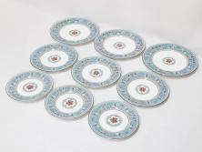 イギリス　WEDGWOOD(ウェッジウッド)　FLORENTINE TURQUOISE(フロレンティーン ターコイズ)　エキゾチックなデザインが目を引くプレート9枚セット(グロテスク文様、フルーツ、果物、中皿、洋食器、英国)(R-081222)