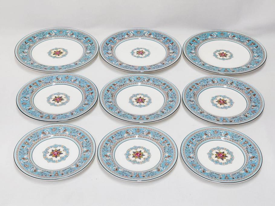 イギリス　WEDGWOOD(ウェッジウッド)　FLORENTINE TURQUOISE(フロレンティーン ターコイズ)　エキゾチックなデザインが目を引くプレート9枚セット(グロテスク文様、フルーツ、果物、中皿、洋食器、英国)(R-081222)