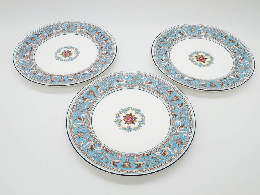 イギリス　WEDGWOOD(ウェッジウッド)　FLORENTINE TURQUOISE(フロレンティーン ターコイズ)　エキゾチックなデザインが目を引くプレート9枚セット(グロテスク文様、フルーツ、果物、中皿、洋食器、英国)(R-081222)