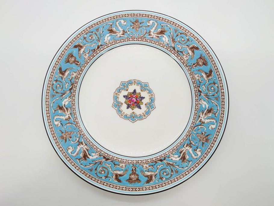 イギリス　WEDGWOOD(ウェッジウッド)　FLORENTINE TURQUOISE(フロレンティーン ターコイズ)　エキゾチックなデザインが目を引くプレート9枚セット(グロテスク文様、フルーツ、果物、中皿、洋食器、英国)(R-081222)