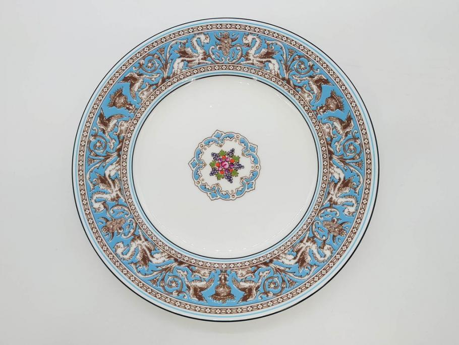イギリス　WEDGWOOD(ウェッジウッド)　FLORENTINE TURQUOISE(フロレンティーン ターコイズ)　エキゾチックなデザインが目を引くプレート9枚セット(グロテスク文様、フルーツ、果物、中皿、洋食器、英国)(R-081222)