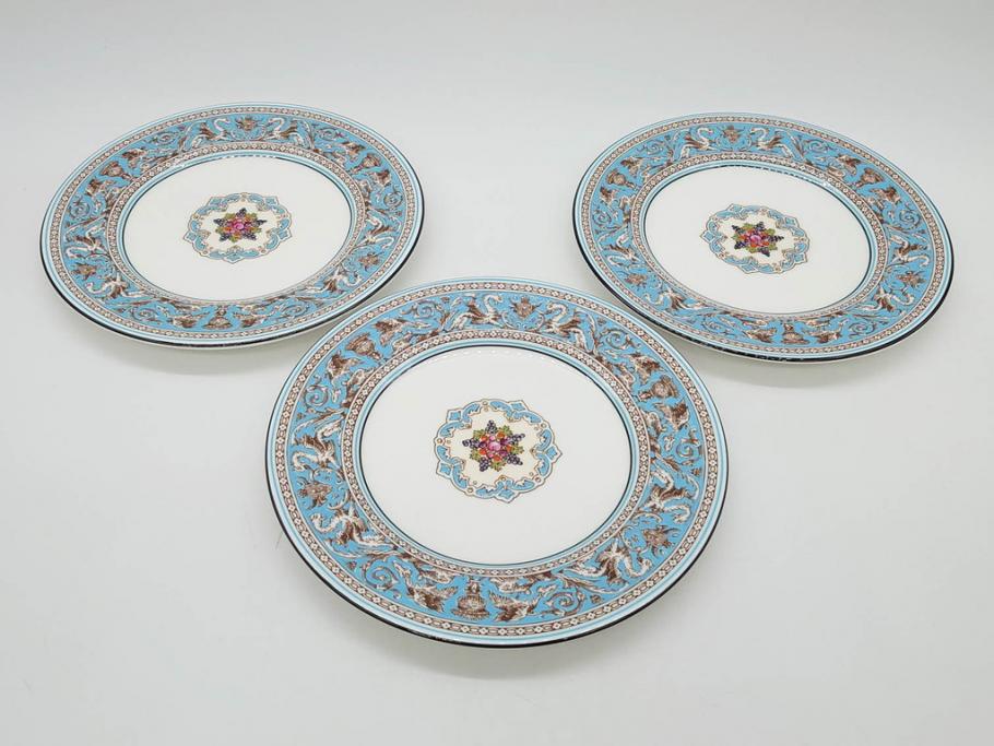 イギリス　WEDGWOOD(ウェッジウッド)　FLORENTINE TURQUOISE(フロレンティーン ターコイズ)　エキゾチックなデザインが目を引くプレート9枚セット(グロテスク文様、フルーツ、果物、中皿、洋食器、英国)(R-081222)