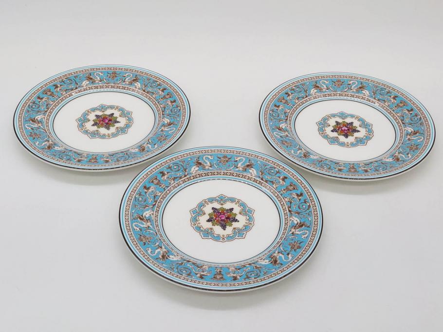 イギリス　WEDGWOOD(ウェッジウッド)　FLORENTINE TURQUOISE(フロレンティーン ターコイズ)　エキゾチックなデザインが目を引くプレート9枚セット(グロテスク文様、フルーツ、果物、中皿、洋食器、英国)(R-081222)