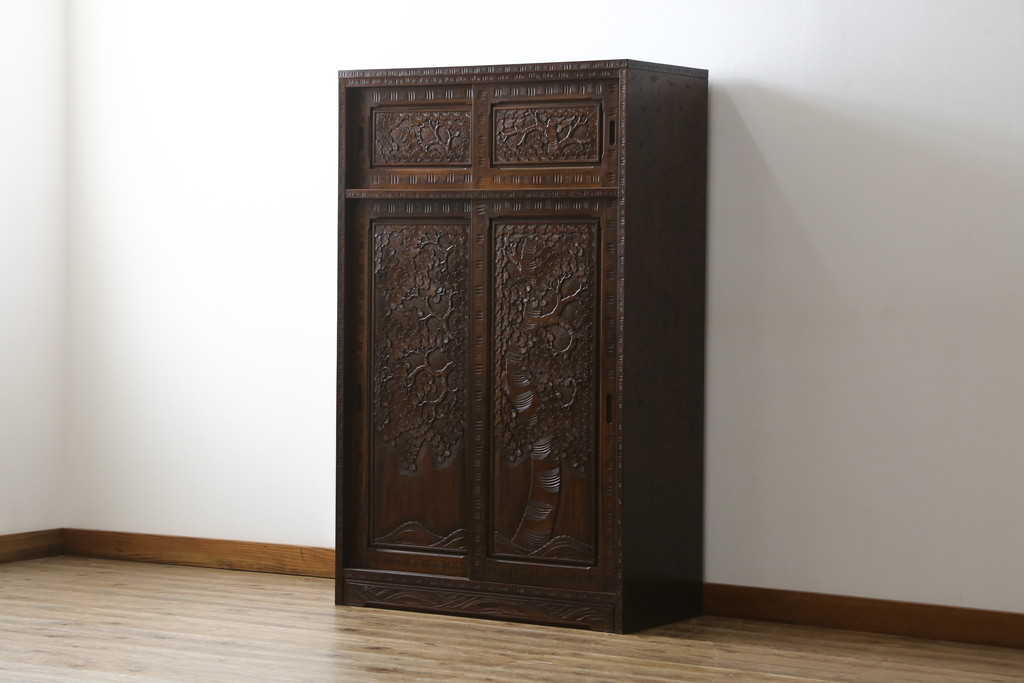 中古　美品　軽井沢彫り　細やかな彫り込みが目を引く下駄箱(シューズボックス、収納棚、戸棚、靴箱、玄関収納)(R-080038)