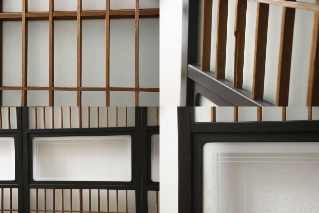 アンティーク建具　腰板欅(ケヤキ)材　上質な和を演出してくれる格子ガラス戸4枚セット(引き戸、建具)(R-059166)