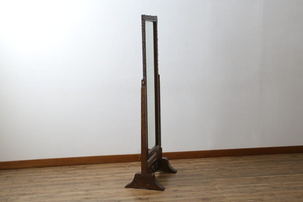 中古　美品　軽井沢彫り　繊細な桜の彫刻が美しい姿見(スタンドミラー、鏡)(R-080037)