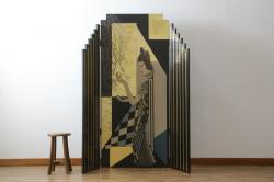 中古　アジアン　異国情緒溢れるデザインが目を惹く三連衝立て(パーテーション、衝い立て、つい立て、間仕切り、折りたたみ、マカオ、韓国、中国)(R-075497)