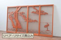 アンティーク建具　松・鶴　縁起物の彫刻が魅力的な片面ガラスの書院戸4枚セット(窓、引き戸、ガラス戸)(R-080924)