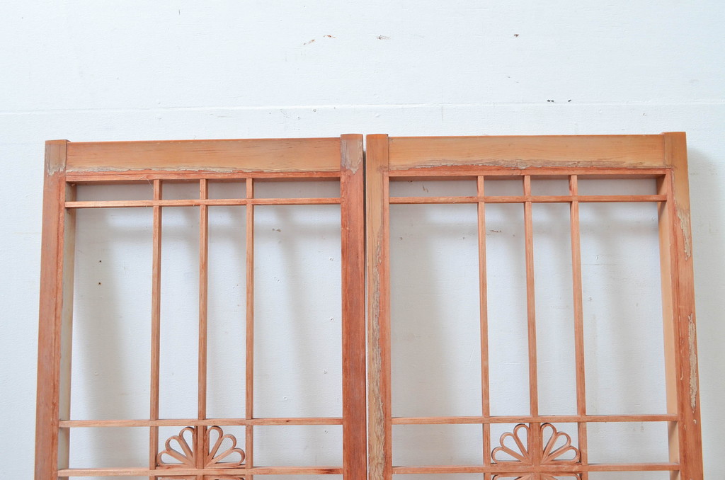 アンティーク建具　花　和の情緒溢れる組子入り障子窓2枚セット(引き戸、障子戸)(R-080927)