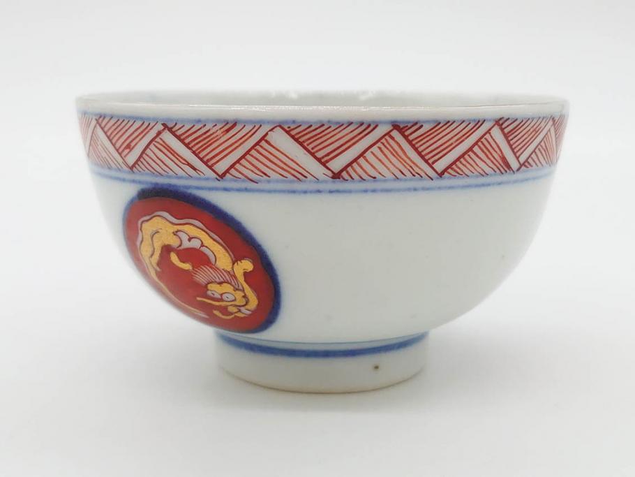 江戸期　大明年製　古伊万里　染付　色絵　豊かな色彩が魅力の湯呑み3客セット(龍、竜、花、金彩、湯のみ、ぐい吞み、煎茶、茶器、和食器)(R-081327)