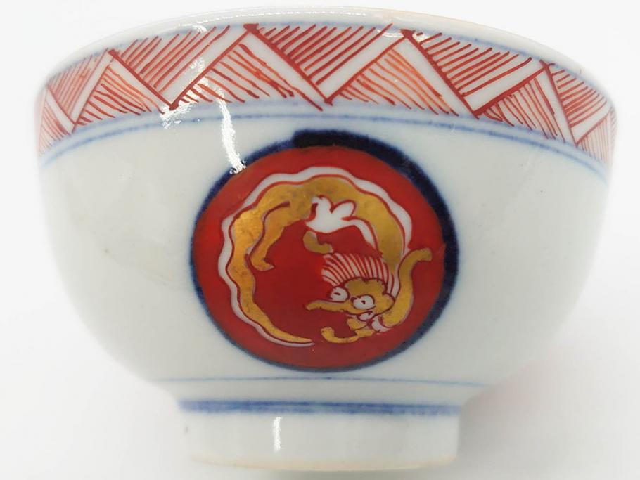 江戸期　大明年製　古伊万里　染付　色絵　豊かな色彩が魅力の湯呑み3客セット(龍、竜、花、金彩、湯のみ、ぐい吞み、煎茶、茶器、和食器)(R-081327)