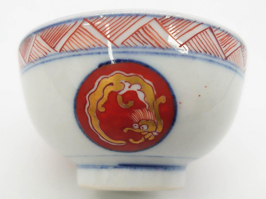 江戸期　大明年製　古伊万里　染付　色絵　豊かな色彩が魅力の湯呑み3客セット(龍、竜、花、金彩、湯のみ、ぐい吞み、煎茶、茶器、和食器)(R-081327)
