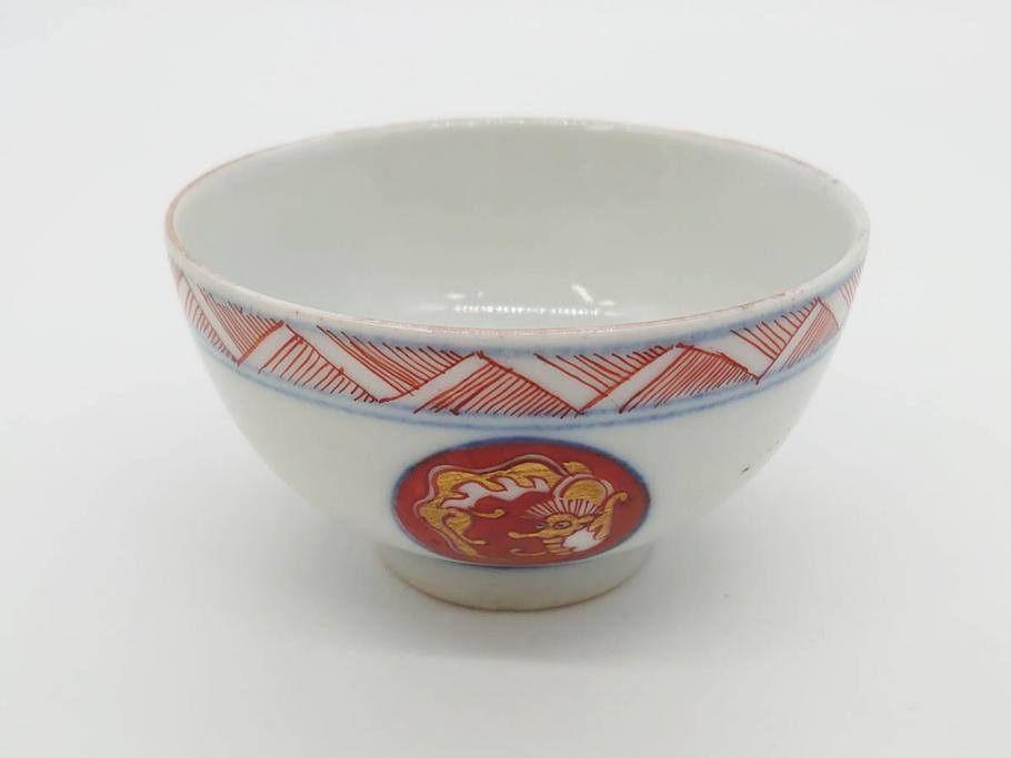 江戸期　大明年製　古伊万里　染付　色絵　豊かな色彩が魅力の湯呑み3客セット(龍、竜、花、金彩、湯のみ、ぐい吞み、煎茶、茶器、和食器)(R-081327)