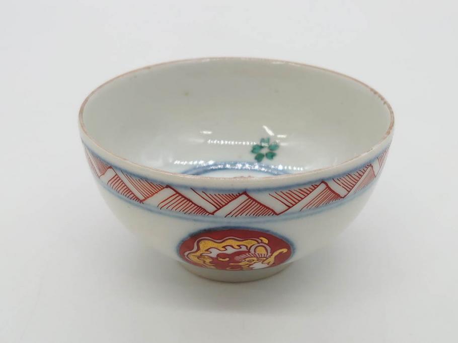 江戸期　大明年製　古伊万里　染付　色絵　豊かな色彩が魅力の湯呑み3客セット(龍、竜、花、金彩、湯のみ、ぐい吞み、煎茶、茶器、和食器)(R-081327)
