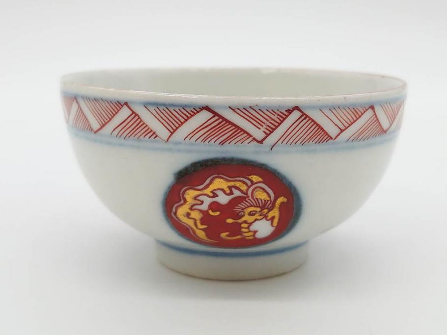 江戸期　大明年製　古伊万里　染付　色絵　豊かな色彩が魅力の湯呑み3客セット(龍、竜、花、金彩、湯のみ、ぐい吞み、煎茶、茶器、和食器)(R-081327)