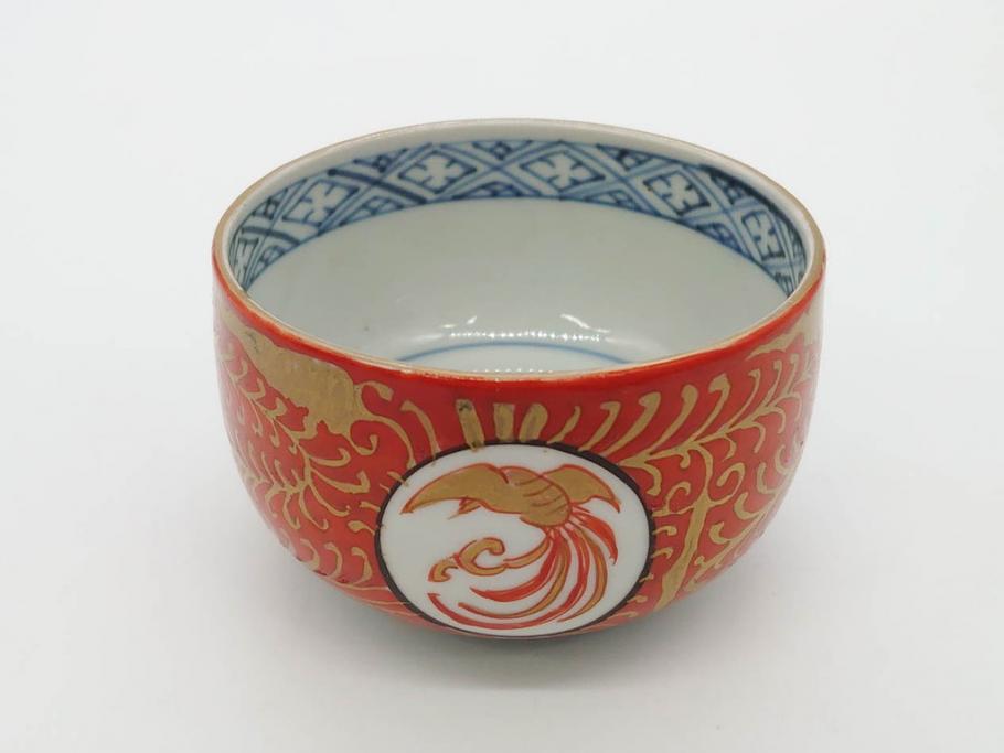 江戸期　古伊万里　赤絵　金彩　鮮やかな色彩が目を引く湯呑み5客セット(鳳凰、松竹梅、湯のみ、ぐい吞み、煎茶、茶器、和食器)(R-081328)