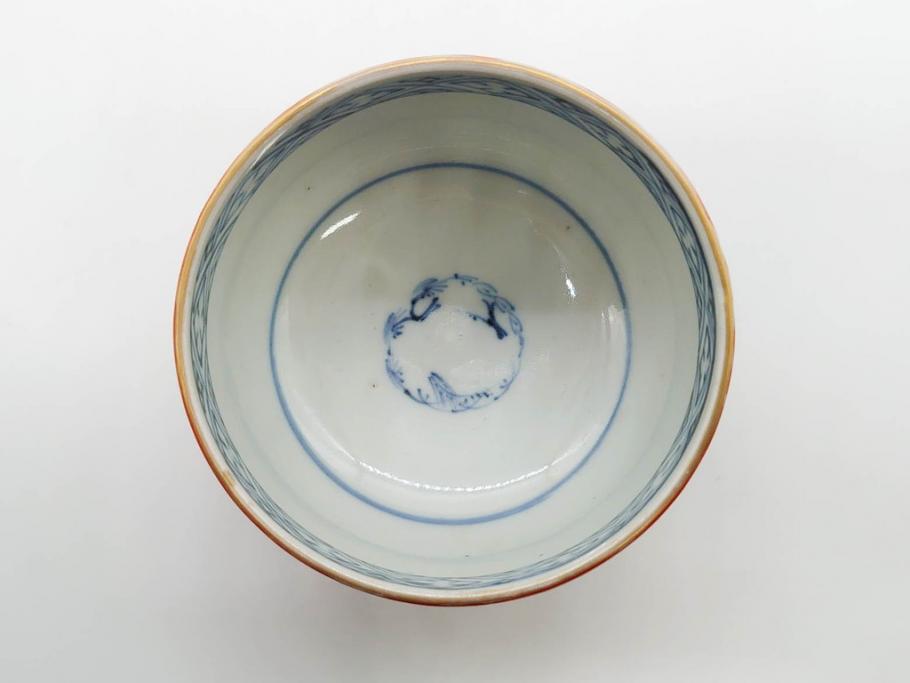 江戸期　古伊万里　赤絵　金彩　鮮やかな色彩が目を引く湯呑み5客セット(鳳凰、松竹梅、湯のみ、ぐい吞み、煎茶、茶器、和食器)(R-081328)