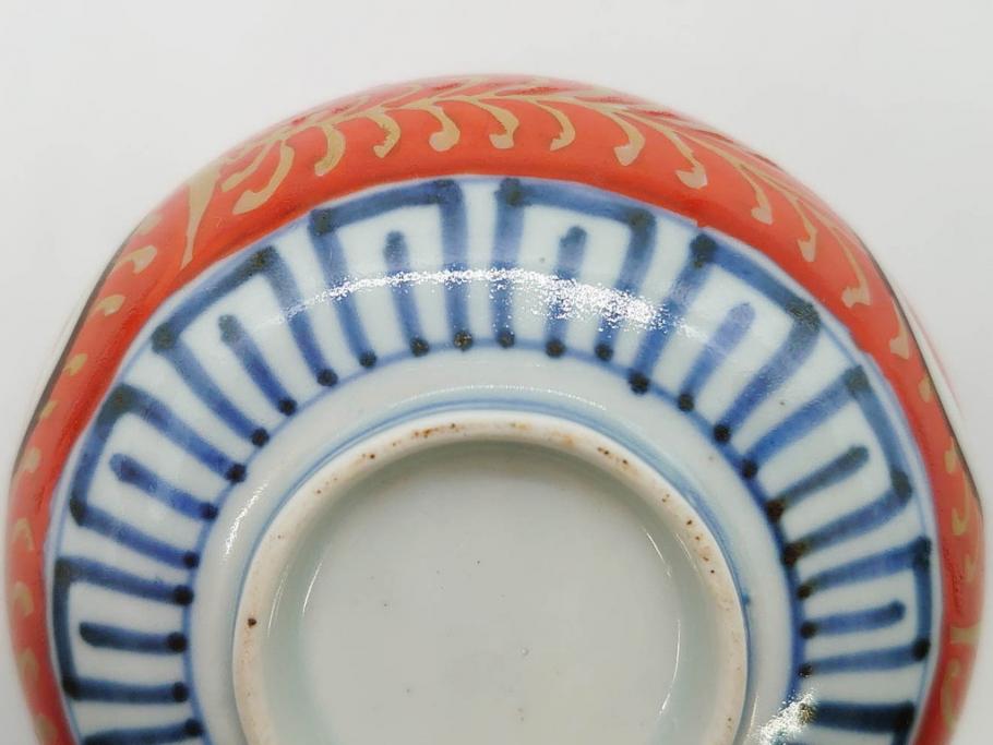 江戸期　古伊万里　赤絵　金彩　鮮やかな色彩が目を引く湯呑み5客セット(鳳凰、松竹梅、湯のみ、ぐい吞み、煎茶、茶器、和食器)(R-081328)