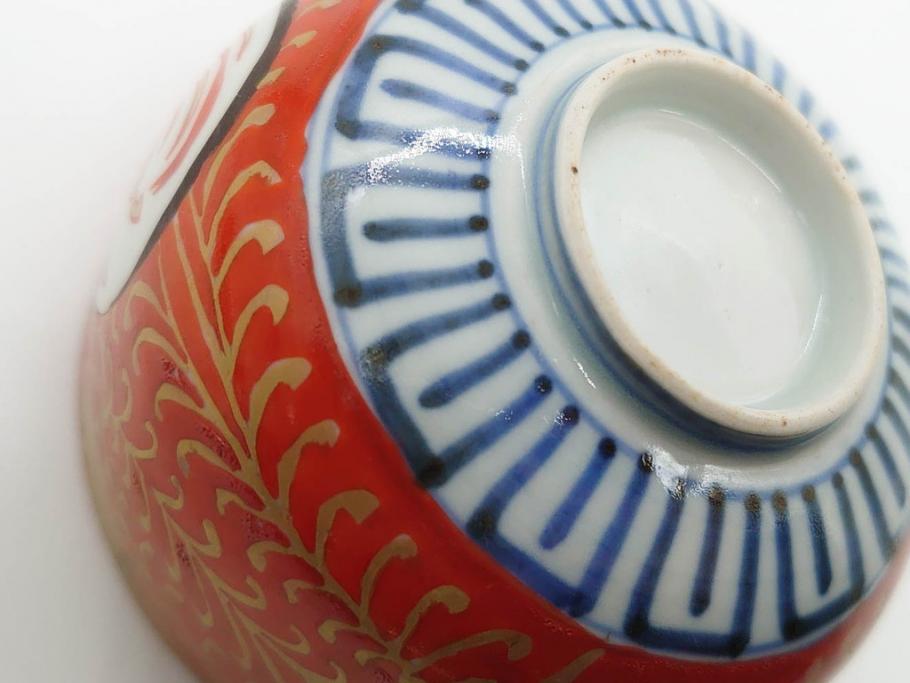 江戸期　古伊万里　赤絵　金彩　鮮やかな色彩が目を引く湯呑み5客セット(鳳凰、松竹梅、湯のみ、ぐい吞み、煎茶、茶器、和食器)(R-081328)