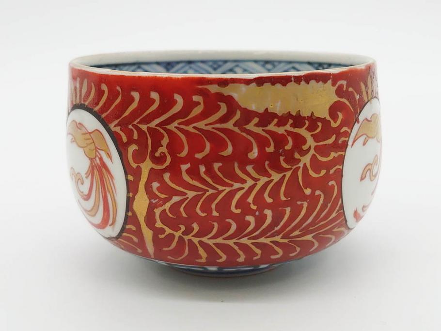 江戸期　古伊万里　赤絵　金彩　鮮やかな色彩が目を引く湯呑み5客セット(鳳凰、松竹梅、湯のみ、ぐい吞み、煎茶、茶器、和食器)(R-081328)