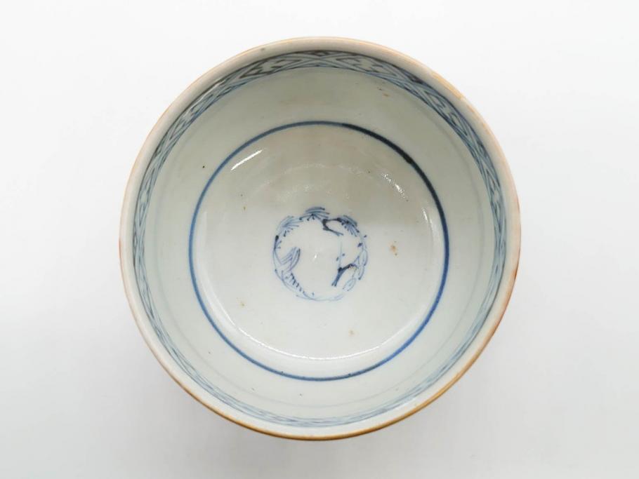 江戸期　古伊万里　赤絵　金彩　鮮やかな色彩が目を引く湯呑み5客セット(鳳凰、松竹梅、湯のみ、ぐい吞み、煎茶、茶器、和食器)(R-081328)
