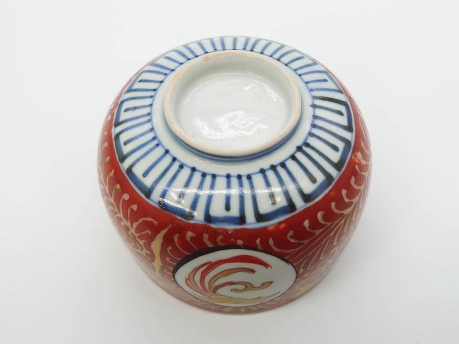 江戸期　古伊万里　赤絵　金彩　鮮やかな色彩が目を引く湯呑み5客セット(鳳凰、松竹梅、湯のみ、ぐい吞み、煎茶、茶器、和食器)(R-081328)