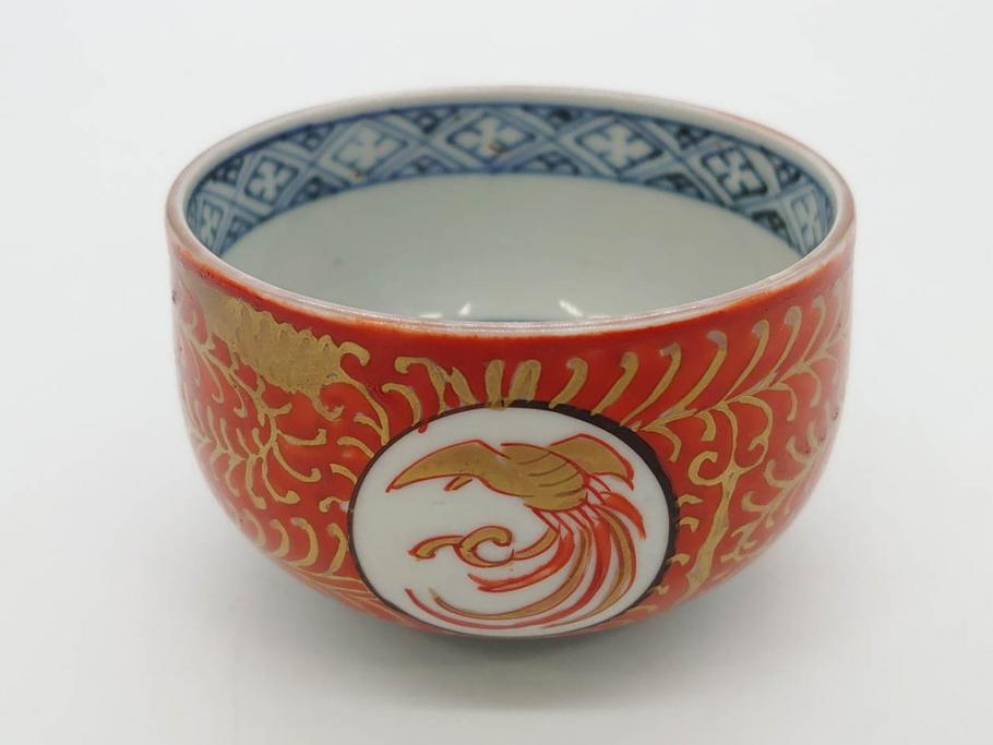 江戸期　古伊万里　赤絵　金彩　鮮やかな色彩が目を引く湯呑み5客セット(鳳凰、松竹梅、湯のみ、ぐい吞み、煎茶、茶器、和食器)(R-081328)
