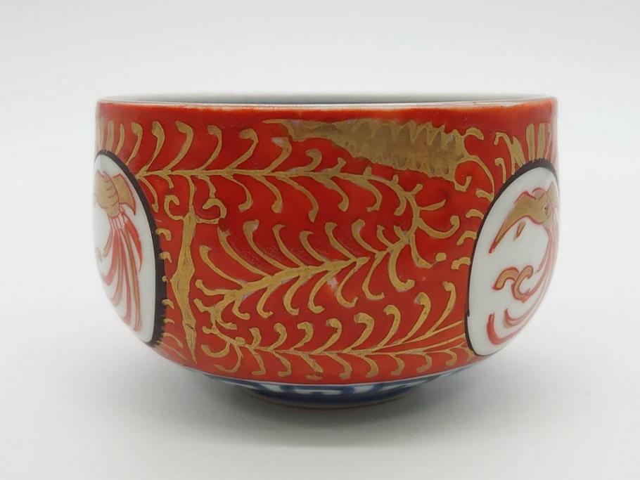 江戸期　古伊万里　赤絵　金彩　鮮やかな色彩が目を引く湯呑み5客セット(鳳凰、松竹梅、湯のみ、ぐい吞み、煎茶、茶器、和食器)(R-081328)