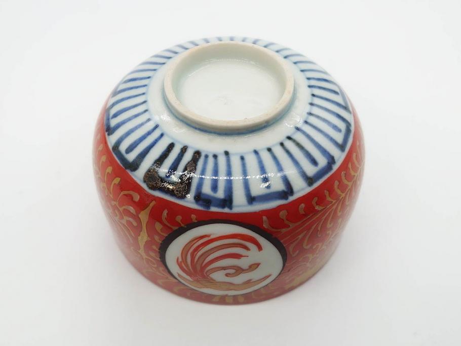 江戸期　古伊万里　赤絵　金彩　鮮やかな色彩が目を引く湯呑み5客セット(鳳凰、松竹梅、湯のみ、ぐい吞み、煎茶、茶器、和食器)(R-081328)