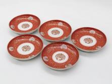 江戸期　古伊万里　赤絵　金彩　約12cm　3.9寸　食卓を華やいだ雰囲気に演出する小皿5枚セット(寿字、菊唐草文、吉祥文様、銘々皿、和皿、和食器、三寸九分)(R-081331)