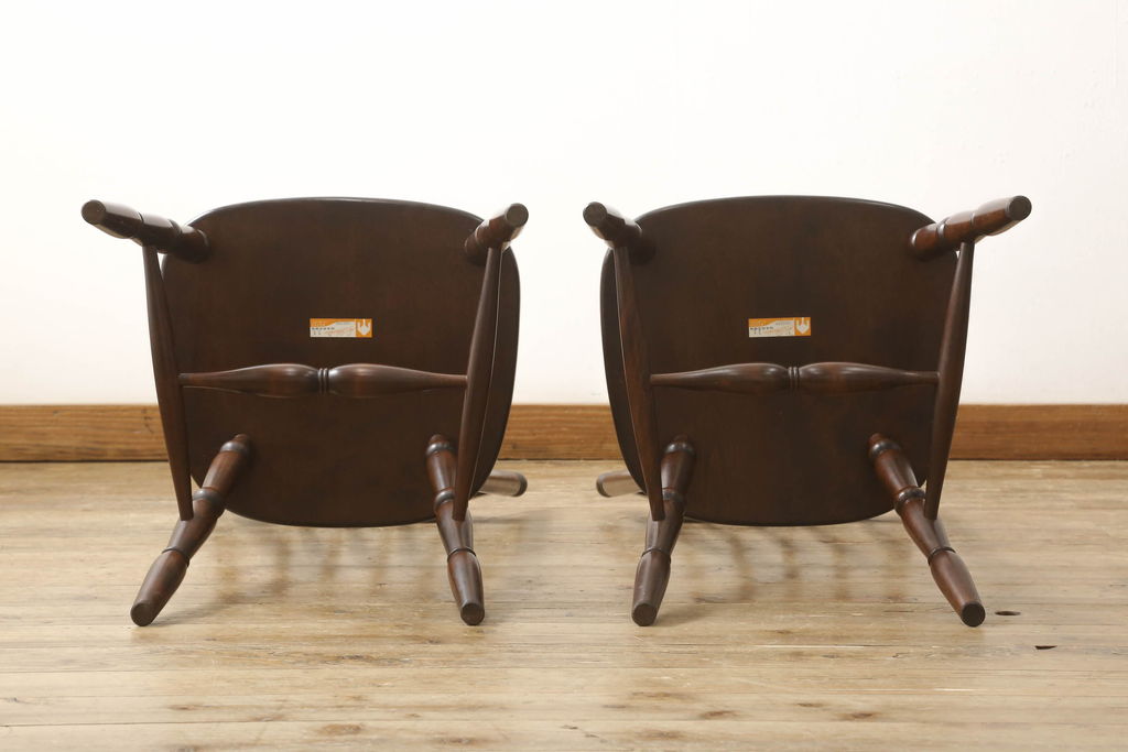 中古　美品　松本民芸家具　16型スピンドルチェア　ゆったりと座れるダイニングチェア2脚セット(板座チェア、椅子、イス)(R-059847)