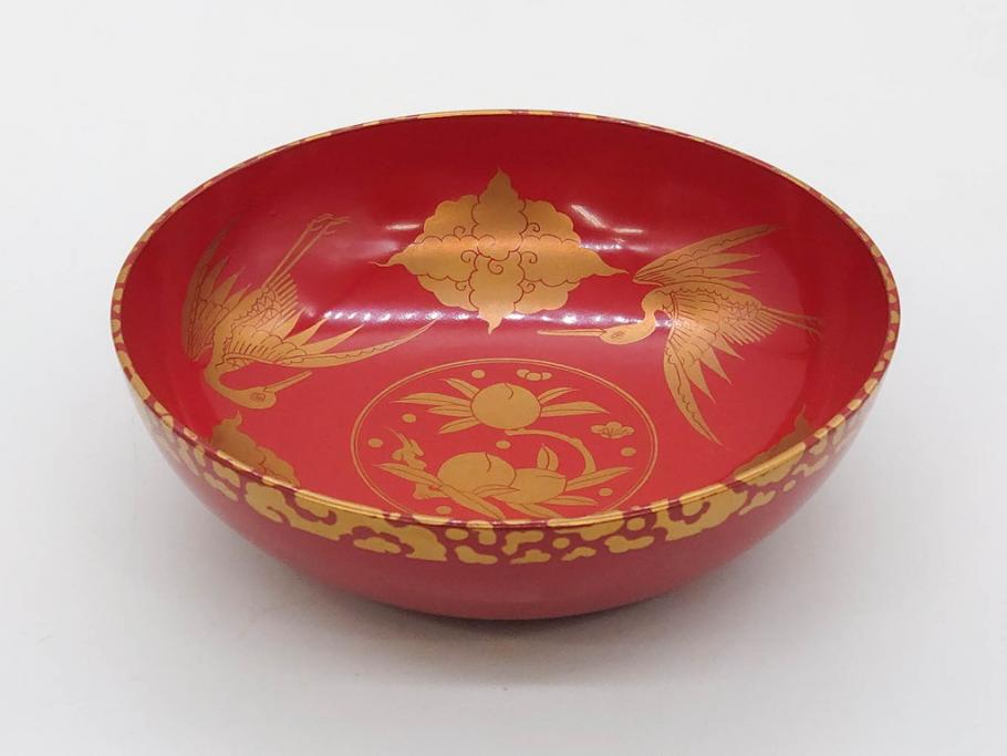 時代物 上手 輪島塗 朱塗 蒔絵 木製 優美なお椀8客セット(鶴、桃