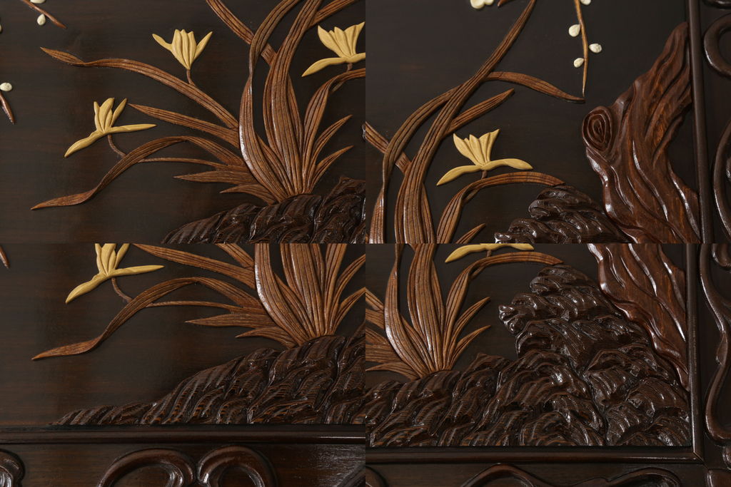 和製ビンテージ　最高級　総紫檀(シタン)彫刻　花鳥図と龍の総彫りが高級感たっぷりな、ガラス天板付き座卓(定価約200万円)(ローテーブル、ヴィンテージ)(R-059196)
